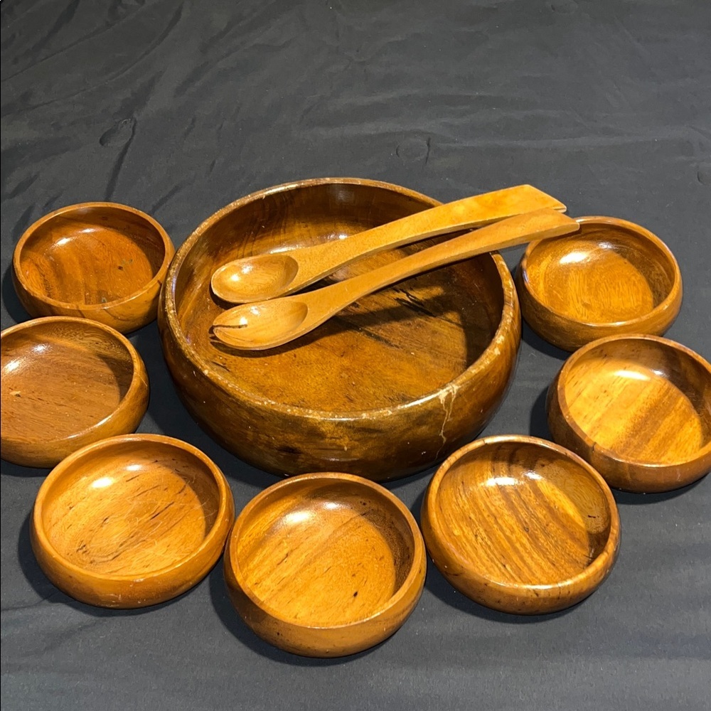 Vintage Wooden 10 piece Salad Bowl Serving Set